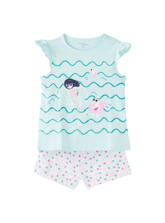 Pyjama court enfant fille bleu pâle et blanc JEFAPYJ1 / 20SH11U4PYJ219