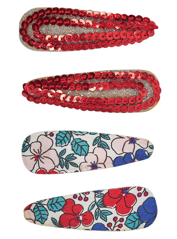 Lot de 4 clips (2 avec motifs fleurs + 2 avec petits sequins rouge + glitter or)  JYAJACLIC1 / 20SI01B2BRT955