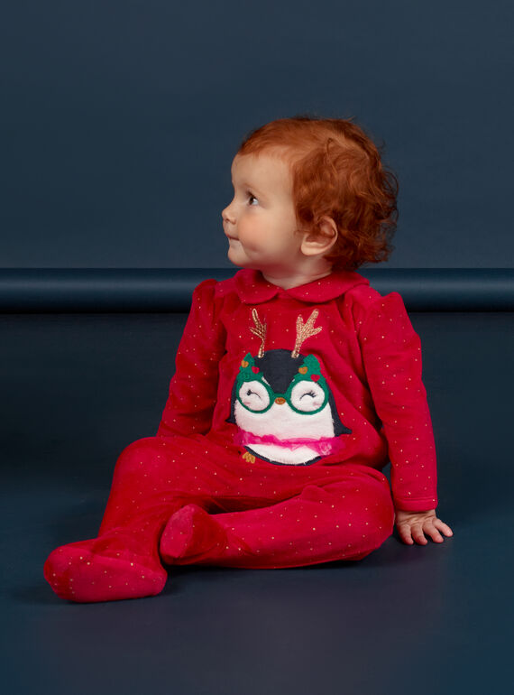Grenouillère en velours à motif Noël et bonnet à pompons bébé fille MEFIGRENO / 21WH13F1GRE050
