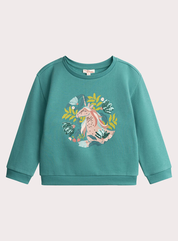 Sweat bleu vert animation licorne à sequins pour fille VAKLISWEA / 24W90141SWE215