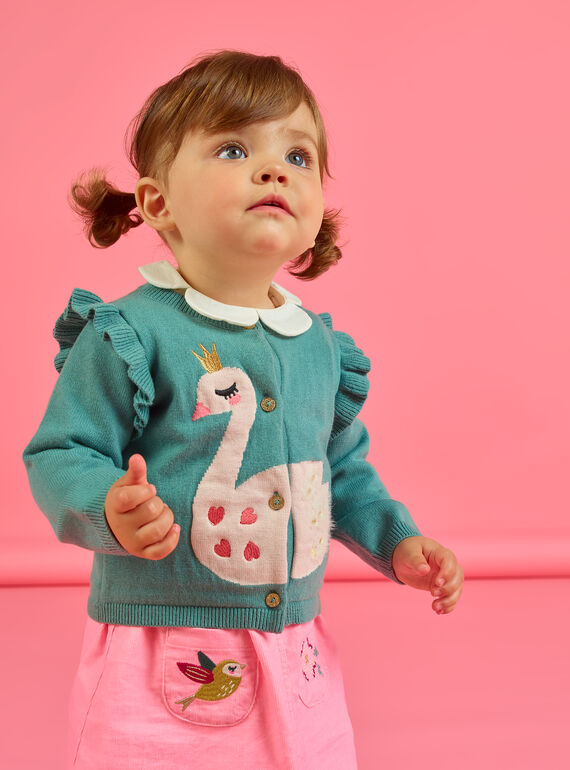 Cardigan bleu motif cygne brodé bébé fille MIKACAR / 21WG09I1CAR612