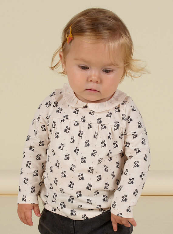T-shirt écru à col volanté et imprimé fleuri bébé fille MIHIBRA / 21WG09U1BRA003