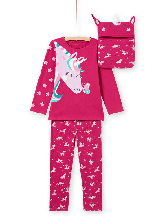 Ensemble pyjama T-shirt et pantalon rose foncé enfant fille MEFAPYJLIC / 21WH1173PYGD312