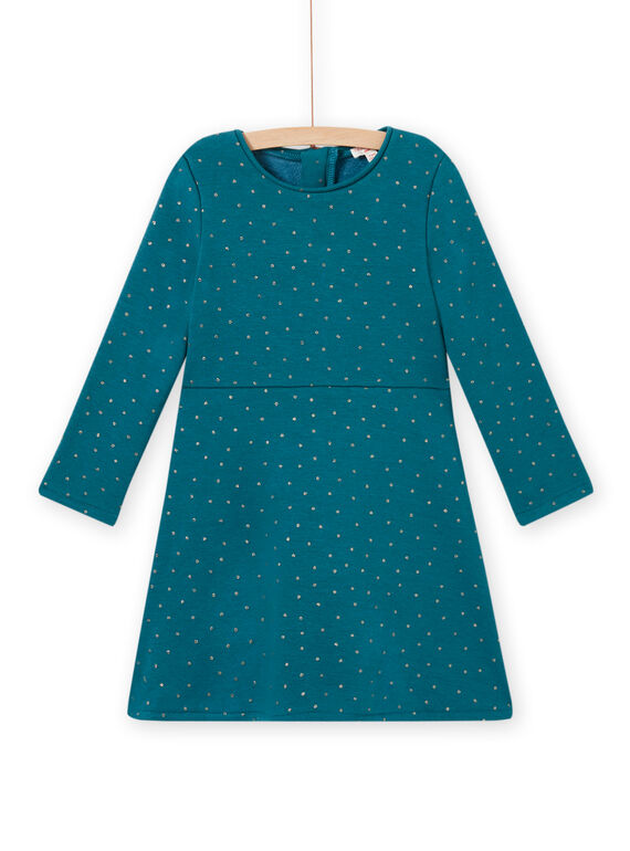 Robe patineuse bleu canard à pois en molleton enfant fille MAJOLROB3 / 21W901N2ROB714