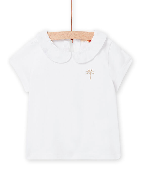 T-shirt blanc à col Claudine en voile et motif palmier doré bébé fille NIJOBRA5 / 22SG09C1BRA000