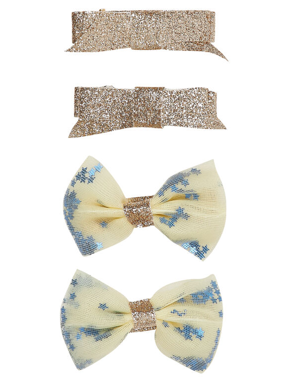 Lot de 4 barrettes - 2 en glitter OR + 2 avec nœuds en tulle + sequins BLEU à l'intérieur du tulle.  JYASOCLIC1 / 20SI0182BRT955