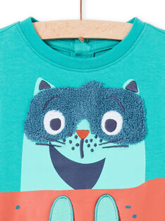 T-shirt mances longues turquoise à animation chat sskateur bébé garçon MUTUTEE1 / 21WG10K2TMLC217
