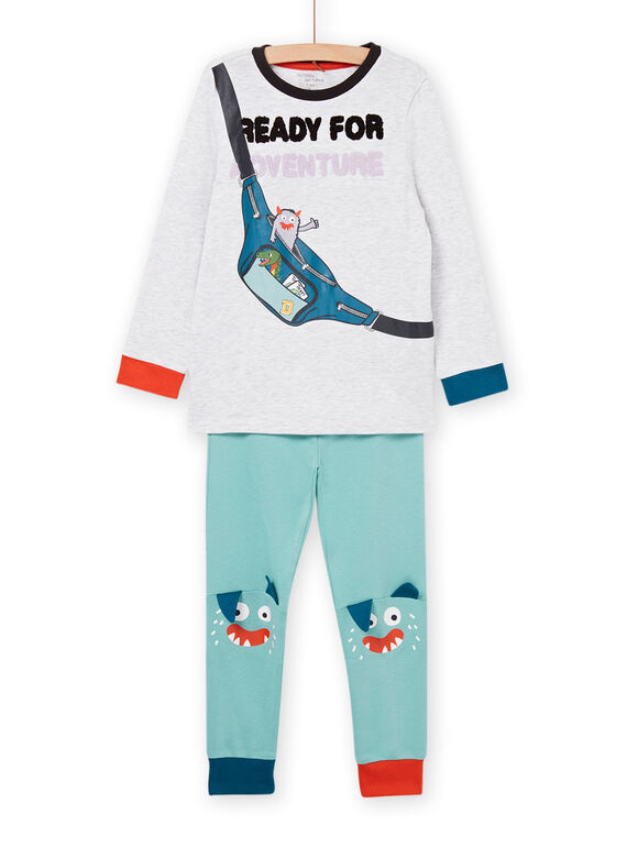 Pyjama long gris chiné et turquoise PEGOPYJBAN / 22WH1213PYJJ920