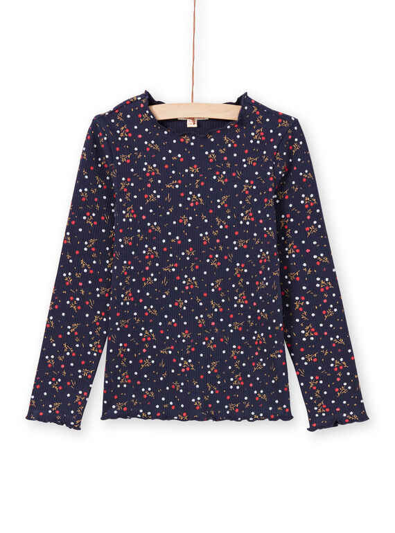 T-shirt bleu marine imprimé fleuri enfant fille MAJOUTEE6 / 21W90121TMLC205