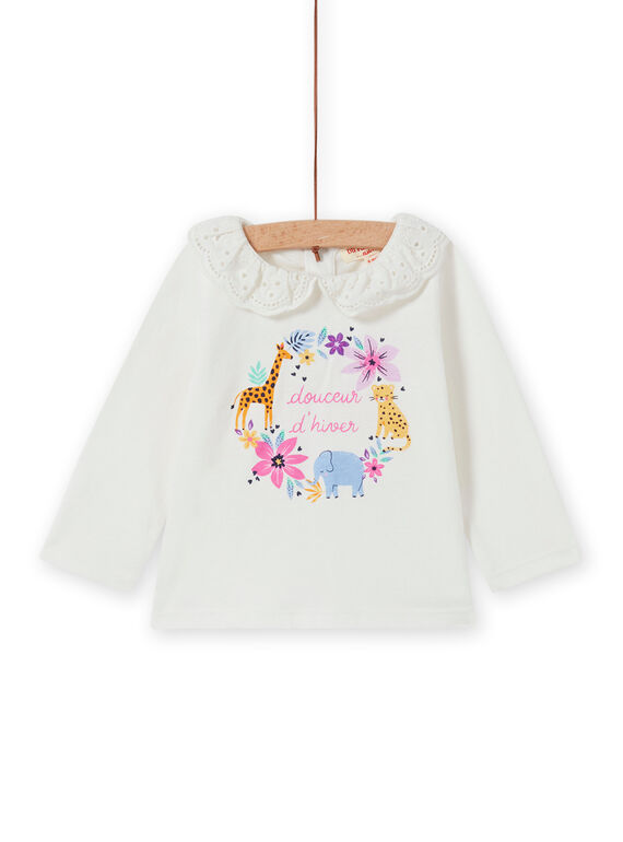 T-shirt écru col en voile motif fleuri fantaisie bébé fille MIPLABRA / 21WG09O1BRA001