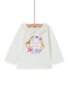T-shirt écru col en voile motif fleuri fantaisie bébé fille MIPLABRA / 21WG09O1BRA001