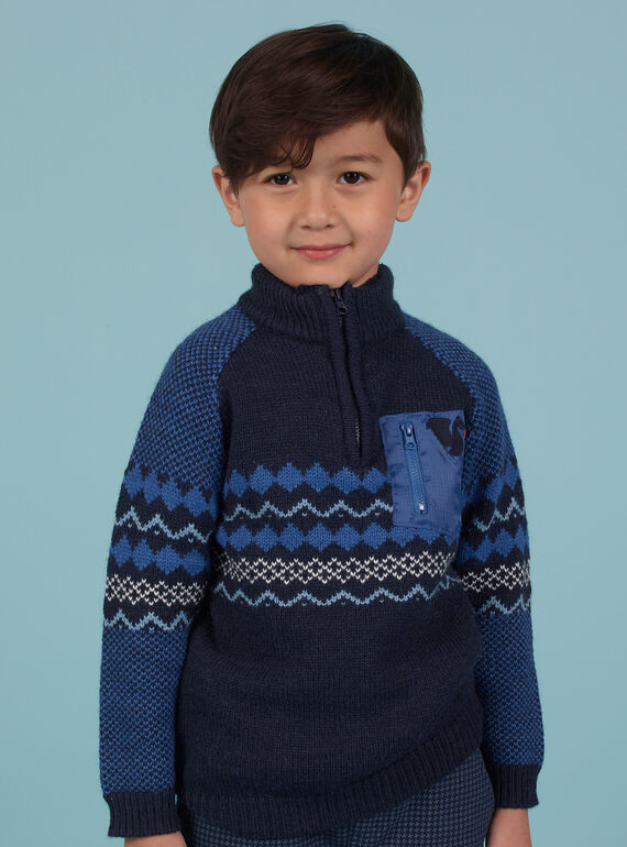 Pull jacquard bleu marine enfant garçon MOPLAPUL / 21W902O1PUL705