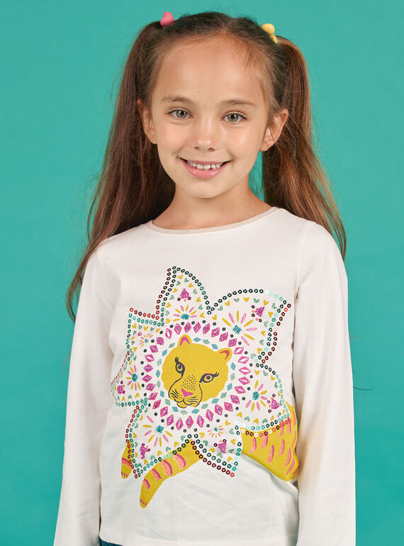 T-shirt écru motif tigre à sequins fantaisie enfant fille MATUTEE3 / 21W901K1TML001