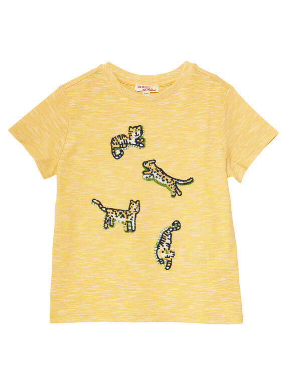 Tee shirt manches courtes jaune garçon avec micro rayures et broderies JOTROTI2 / 20S902F2TMCB116