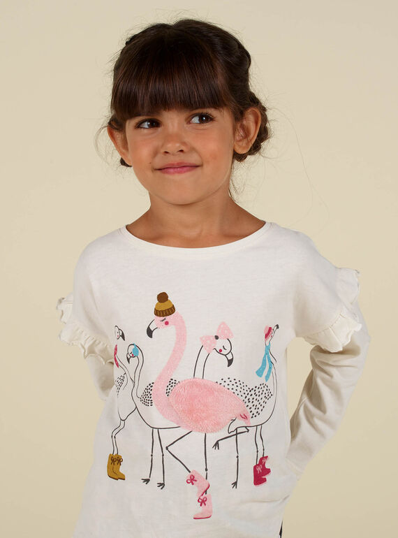 T-shirt écru manches motif flamants roses enfant fille MAHITEE1 / 21W901U2TML003