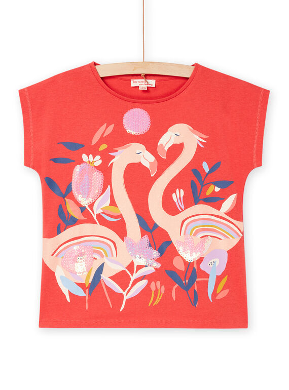 T-shirt rouge à animation flamants-rose et fleurs RAPURTEE2EX / 23S901L2TMCF503