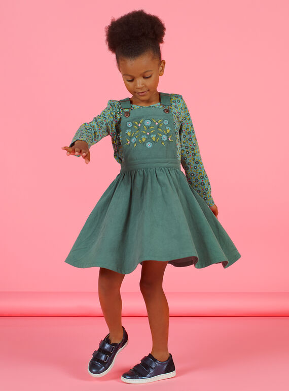 Robe salopette vert kaki broderies fleurs enfant fille MAKAROB4 / 21W901I4ROB626