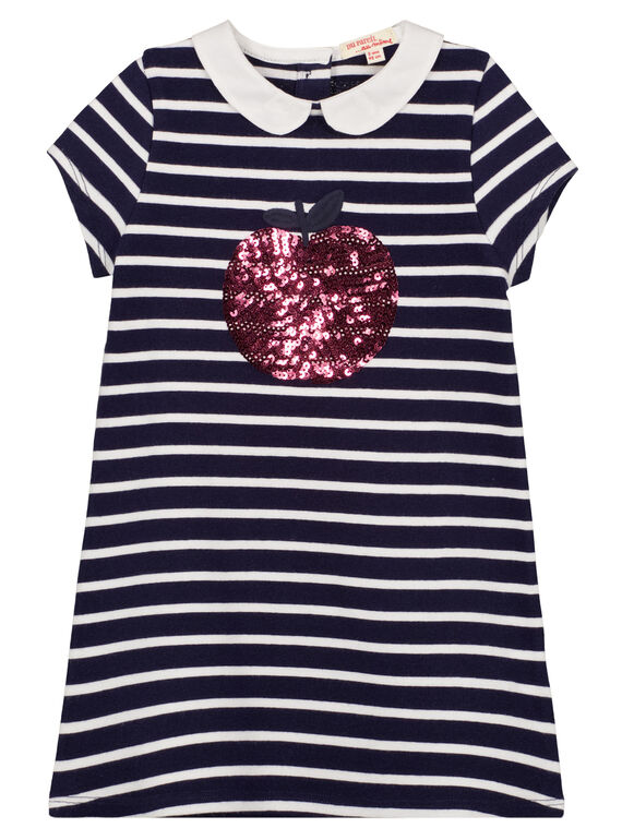 Robe à manches courtes rayée façon marinère avec col claudine et pomme brodées en sequins brillants  GAJOROB1 / 19W90143D2F070