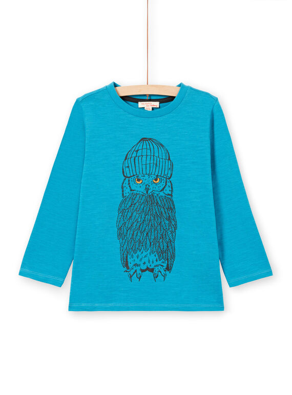 T-shirt manches longues turquoise motif hibou enfant garçon MOJOTEE5 / 21W902N1TMLC211