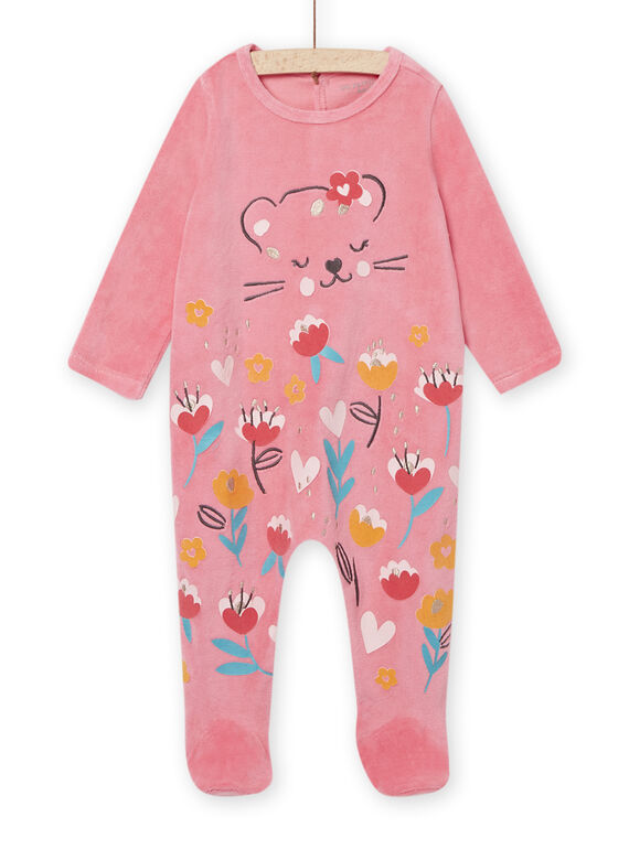 Grenouillère en velours corail motifs léopard et fleurs bébé fille NEFIGREPAN / 22SH13E2GRE404