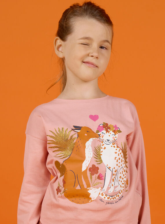 T-shirt manches longues rose à motifs renard et léopard enfant fille MASAUTEE3 / 21W901P3TML303