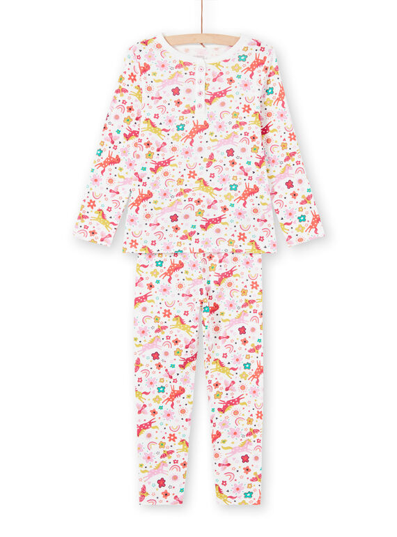 Ensemble pyjama T-shirt et pantalon rose et écru imprimé licornes et fantaisie enfant fille MEFAPYJUNI / 21WH1186PYJ001