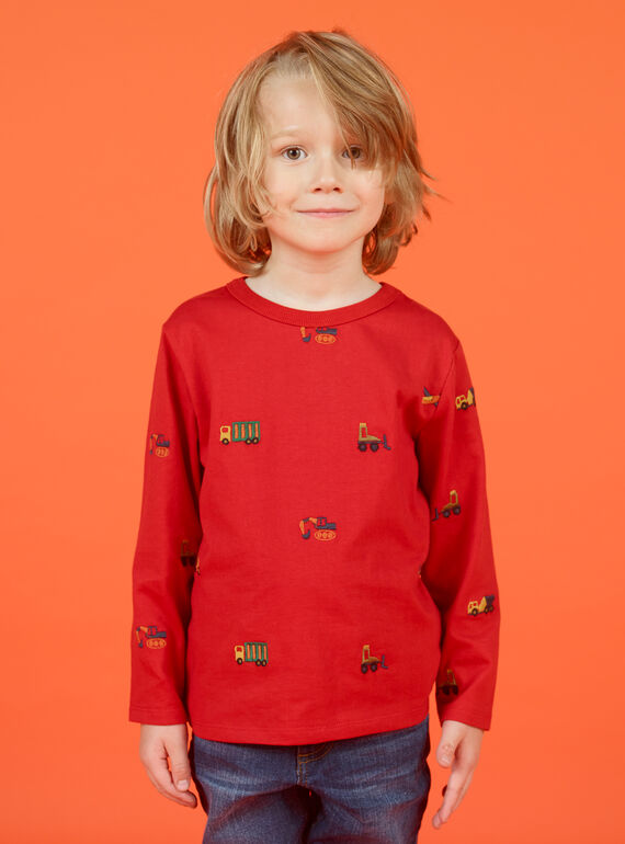 T-shirt manches longues rouge imprimé voiture, tracteurs et hélicoptères enfant garçon MOCOTEE2 / 21W902L4TMLF521