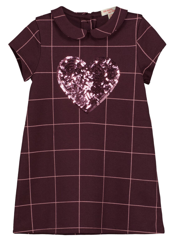 Robe manches courtes à carreaux avec col claudine et cœur en sequins sur le devant  GAJOROB6 / 19W90141D2FI809
