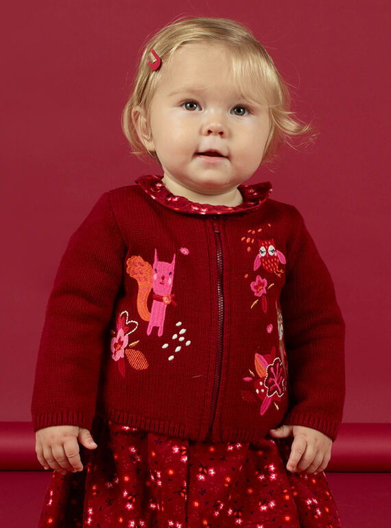 Cardigan rouge manches longues brodé bébé fille MIFUNCAR / 21WG09M1CAR504