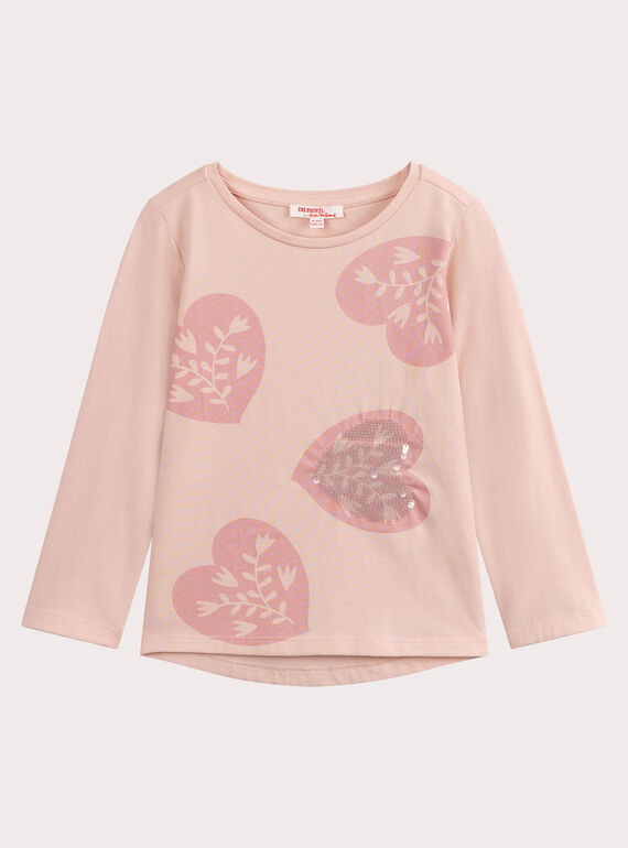 T-shirt rose chiné imprimé cœur pour fille VAJOYTEE2 / 24W901G1TMLD314
