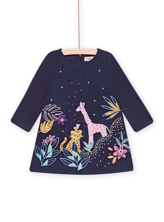 Robe bleu marine en velours à motifs savanes brodés bébé fille MIPLAROB1 / 21WG09O3ROBC202