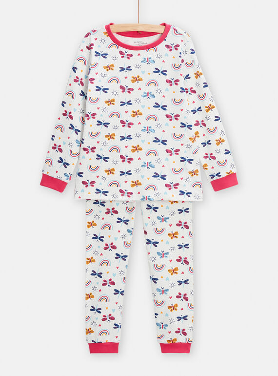 Pyjama ecru en côtes imprimé fantaisie pour fille TEFAPYJBUT / 24SH114APYJ001