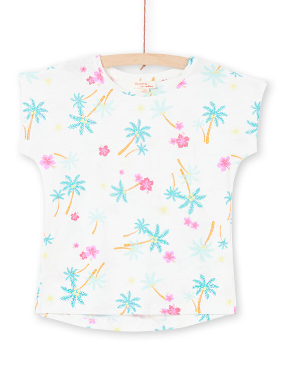 T-shirt blanc et bleu imprimé palmiers et fleurs enfant fille LAJOTI7 / 21S901F1D31001