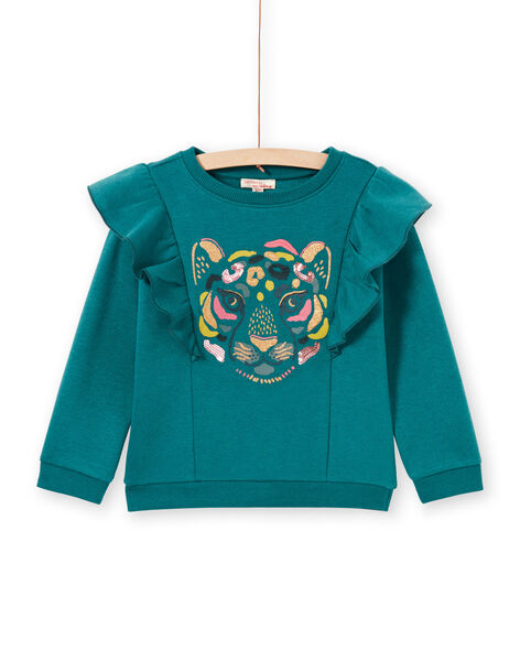 Sweatshirt bleu canard à volants et motif tigre enfant fille MAKASWEA / 21W901I1SWEG633