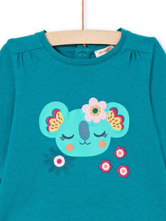 T-shirt manches longues bleu canard à motifs koala et fleurs bébé fille MITUTEE2 / 21WG09K2TMLC217