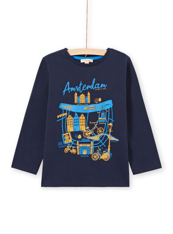 T-shirt manches longues bleu nuit motif Amsterdam enfant garçon MOJOTEE4 / 21W90223TML705