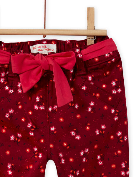 Pantalon rouge bordeaux imprimé fleuri en satin bébé fille MIFUNPAN1 / 21WG09M2PAN504