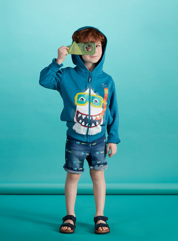 Gilet en molleton turquoise  foncé garçon avec tête de requin JOBOGIL / 20S902H1GILC219
