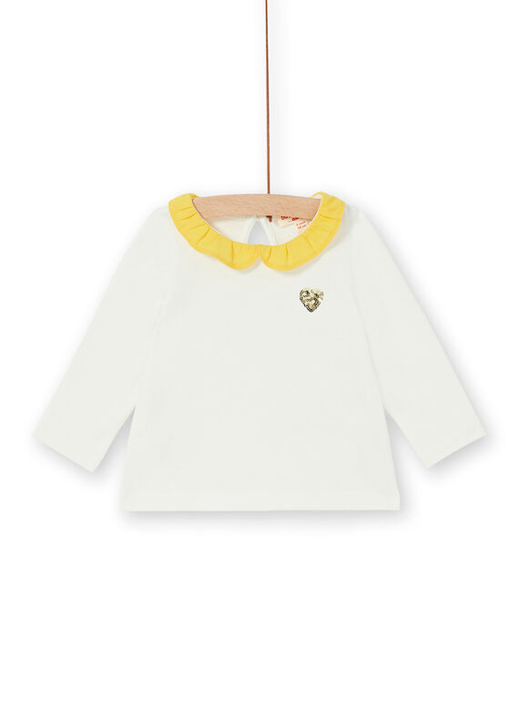 T-shirt écru motif cœur en sequins jaune bébé fille LIJOBRA1 / 21SG0932BRA001