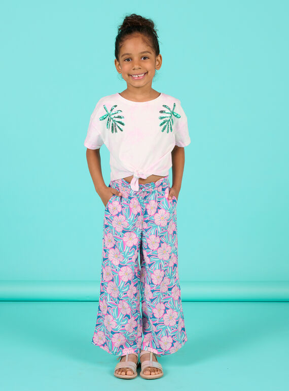 Pantalon à imprimé fleuri bleu pétrole enfant fille NAFICPANT / 22S901U1PAN715