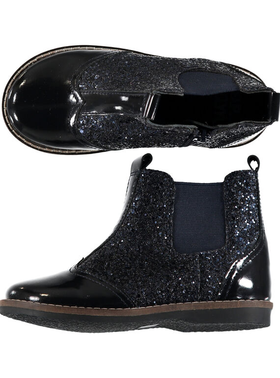 Boots bi-matière cuir verni et paillettes marine enfant fille GFBOOTGLIT / 19WK35IBD0D070