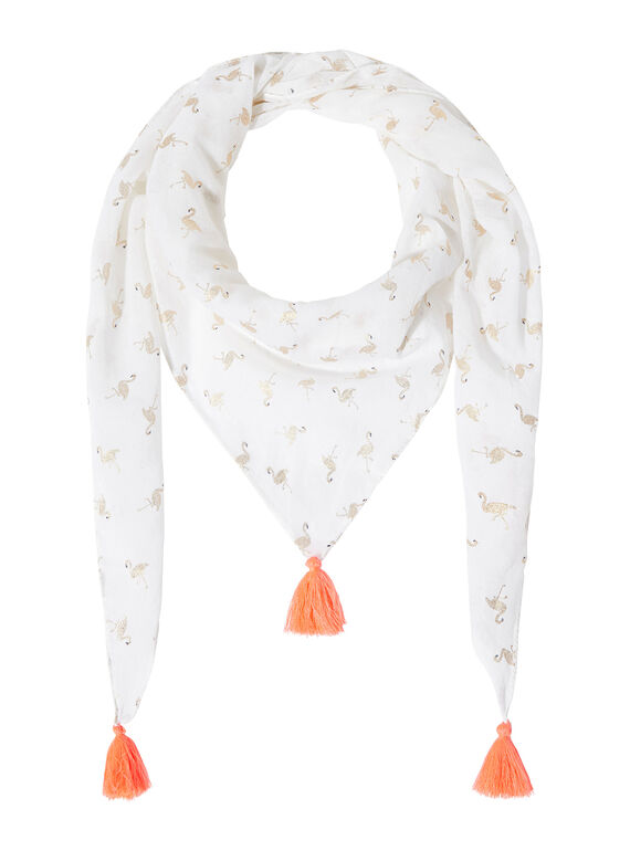 Foulard fille blanc avec flamand rose glitter doré et pompons rose JYAPOEFOUL / 20SI01G1FOU000